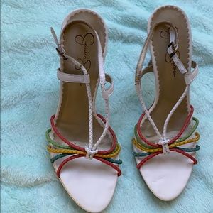 Leather upper white with multi color straps.